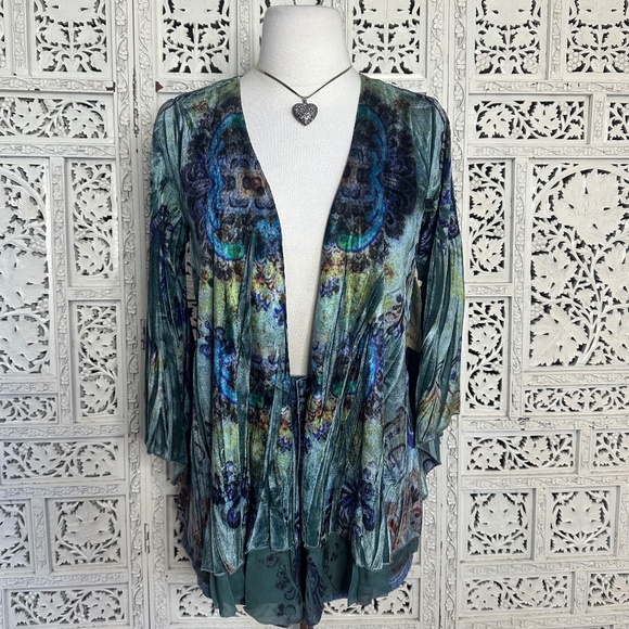 NWT One World Crushed Velvet Artsy Colorful Kimono Cardigan Small - Picture 1 of 8